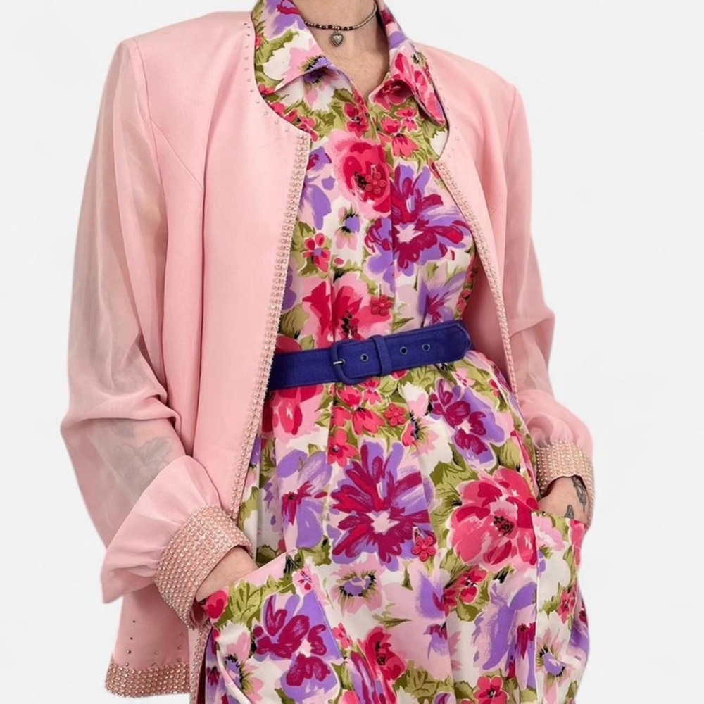 Baby Pink 80s Polyester Blazer Shell with Rhinestone Embellished Sleeve Cuffs